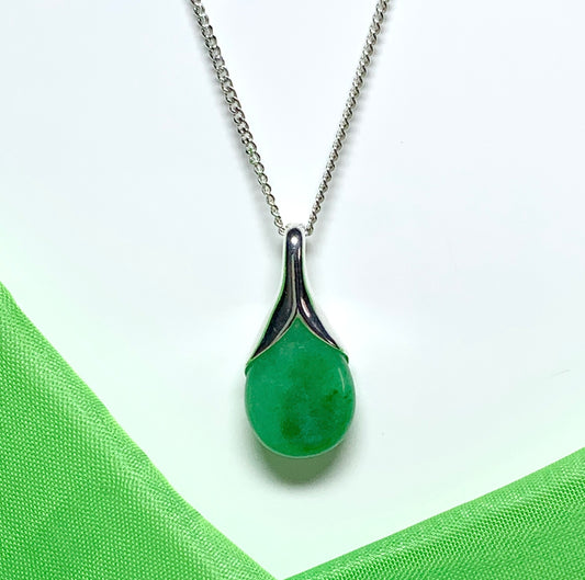 Real green jade tear drop sterling silver pear or teardrop shape pendant