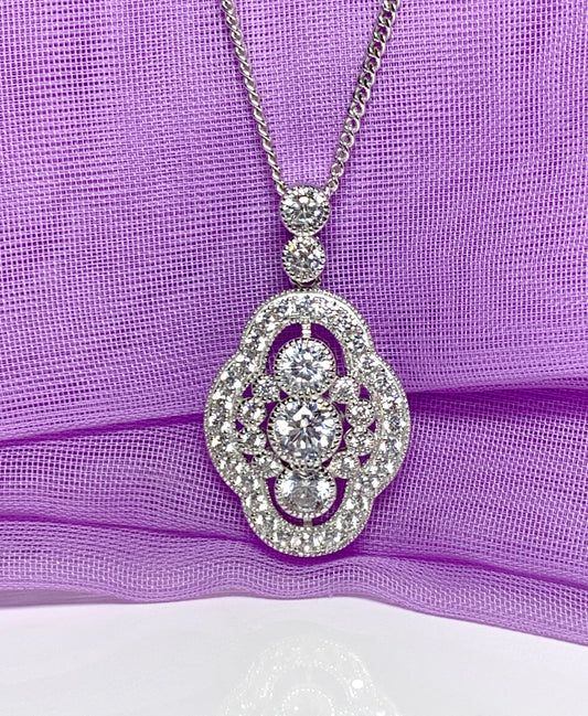 Sterling silver necklace retro cubic zirconia silver cluster pendant