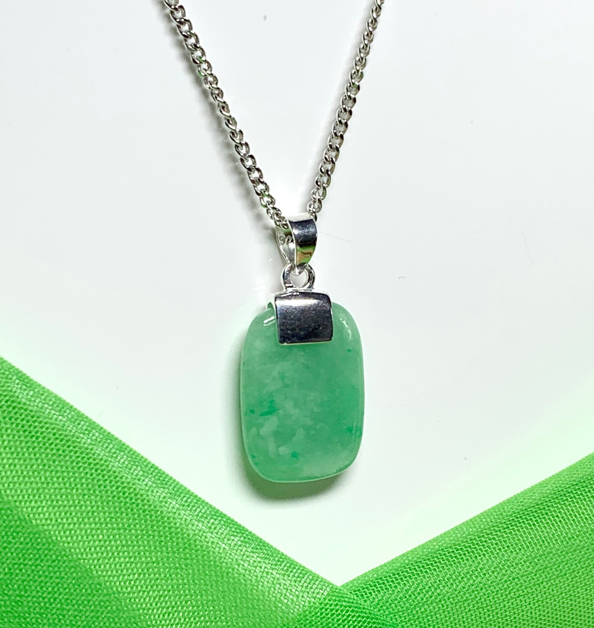 Necklace with real green jade sterling silver cushion shaped pendant