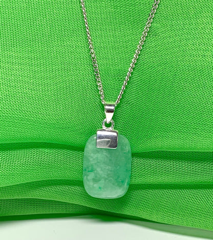 Necklace with real green jade sterling silver cushion shaped pendant