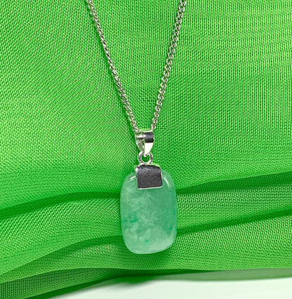 Necklace with real green jade sterling silver cushion shaped pendant