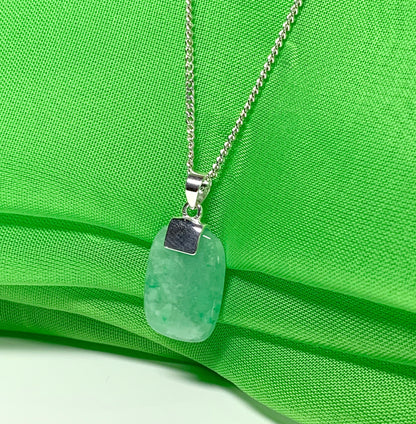 Necklace with real green jade sterling silver cushion shaped pendant