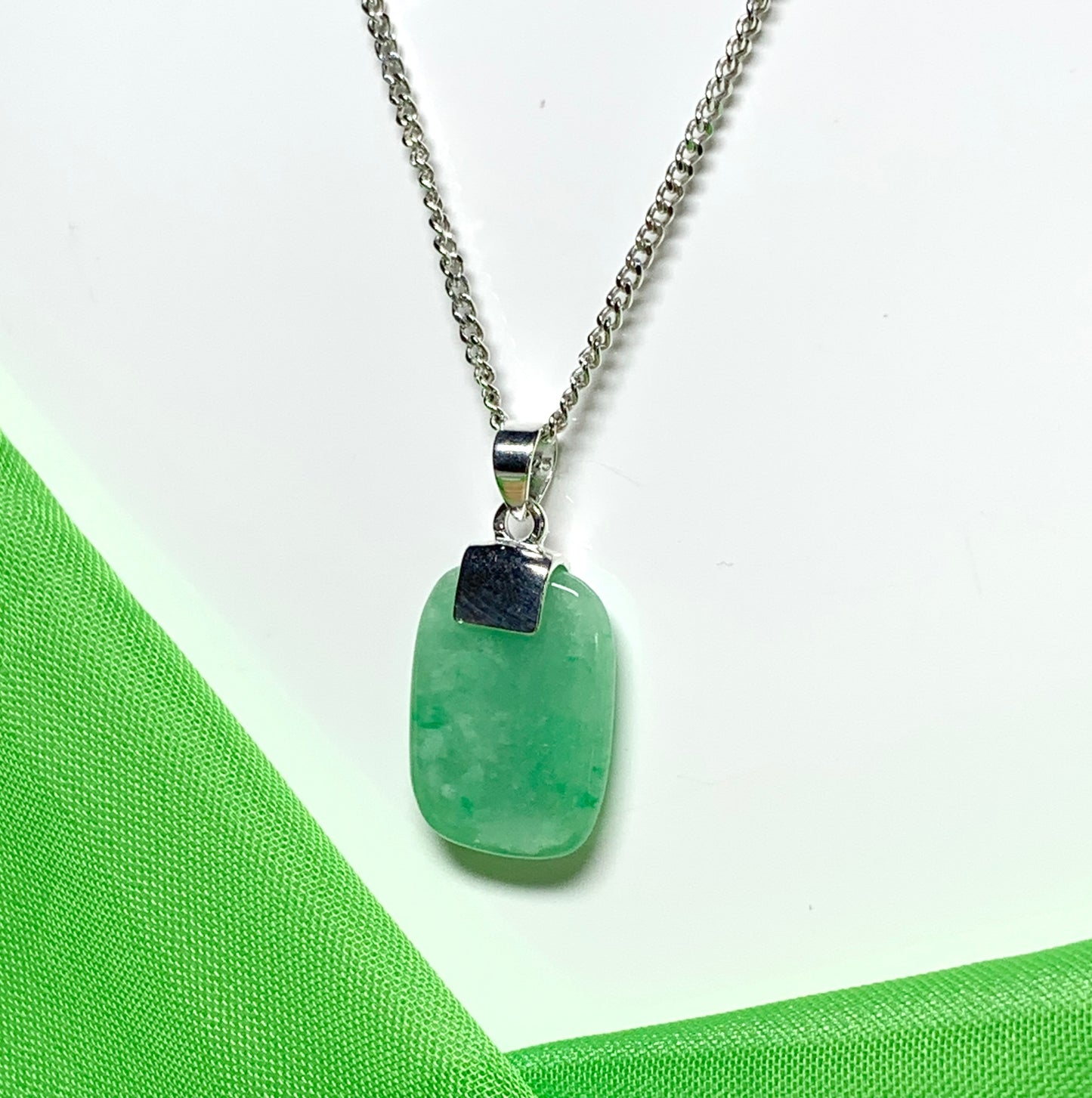 Necklace with real green jade sterling silver cushion shaped pendant