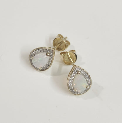 Pear teardrop opal and diamond yellow gold stud cluster earrings