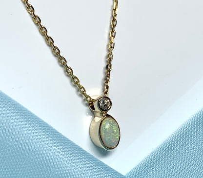 Opal And Diamond Yellow Gold Oval Necklace