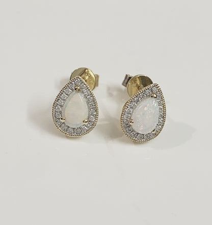 Pear teardrop opal and diamond yellow gold stud cluster earrings