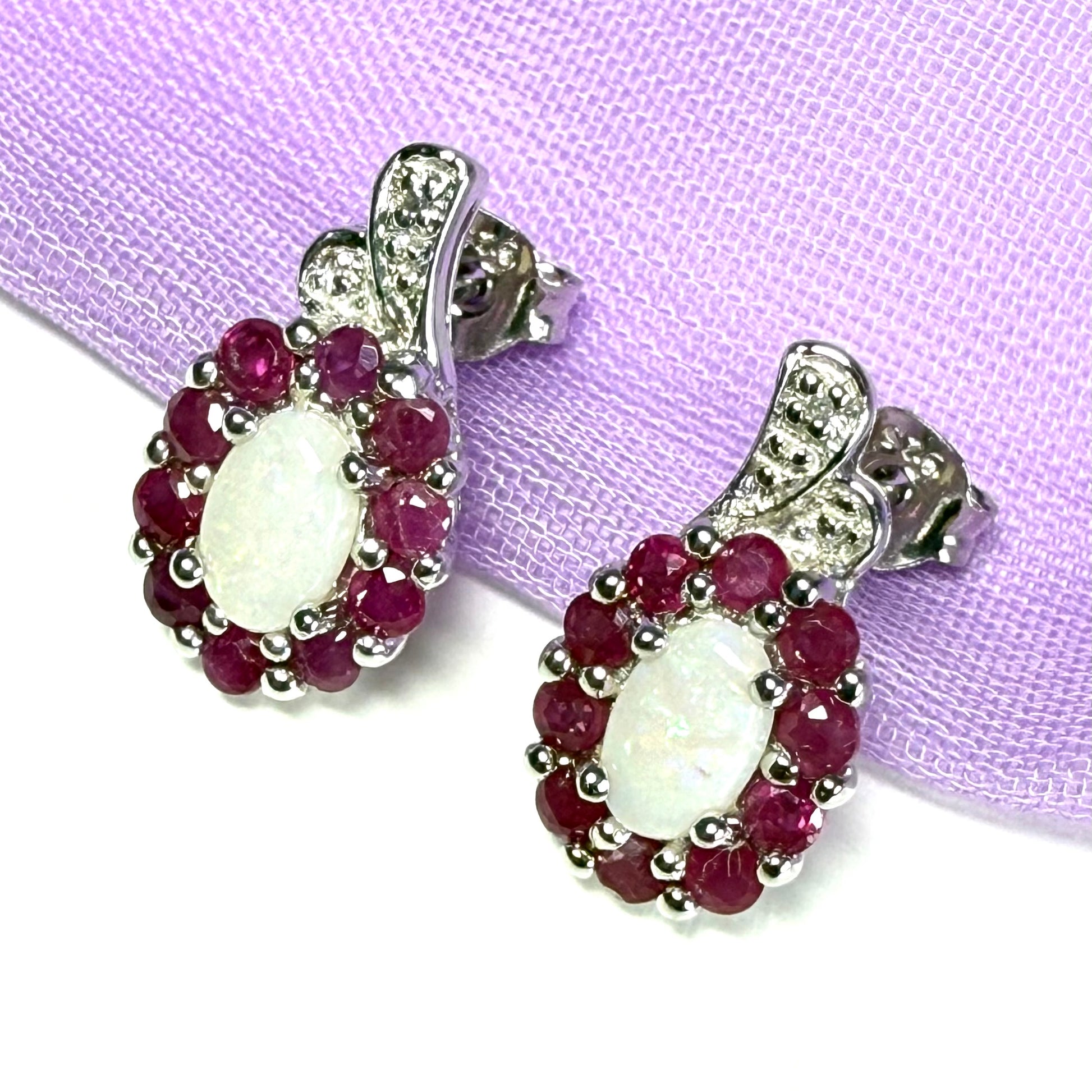 Opal and real ruby oval cluster stud dropped earrings sterling