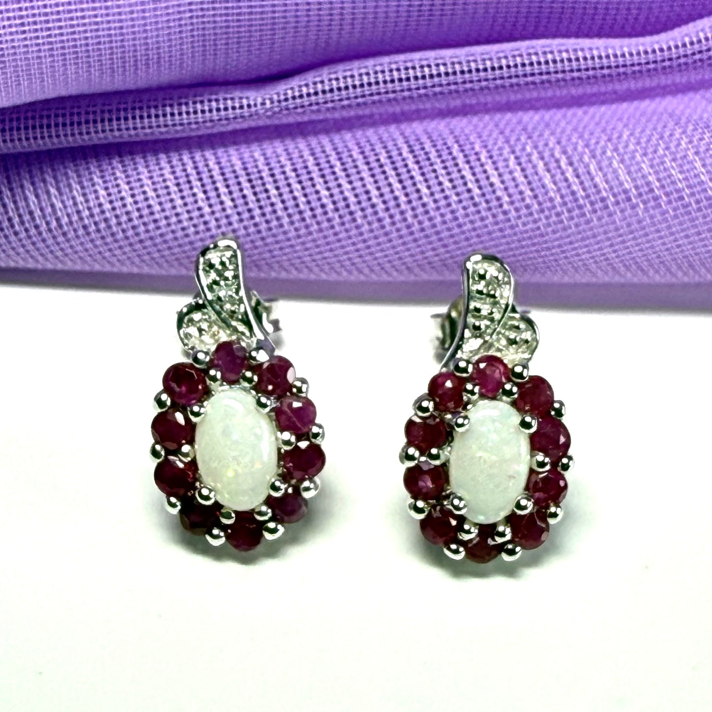 Opal and real ruby oval cluster stud dropped earrings sterling