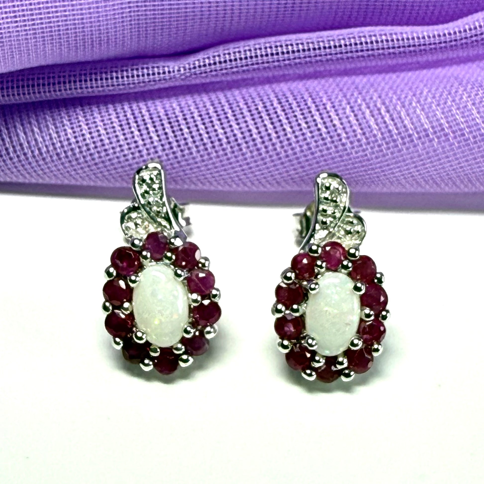 Opal and real ruby oval cluster stud dropped earrings sterling