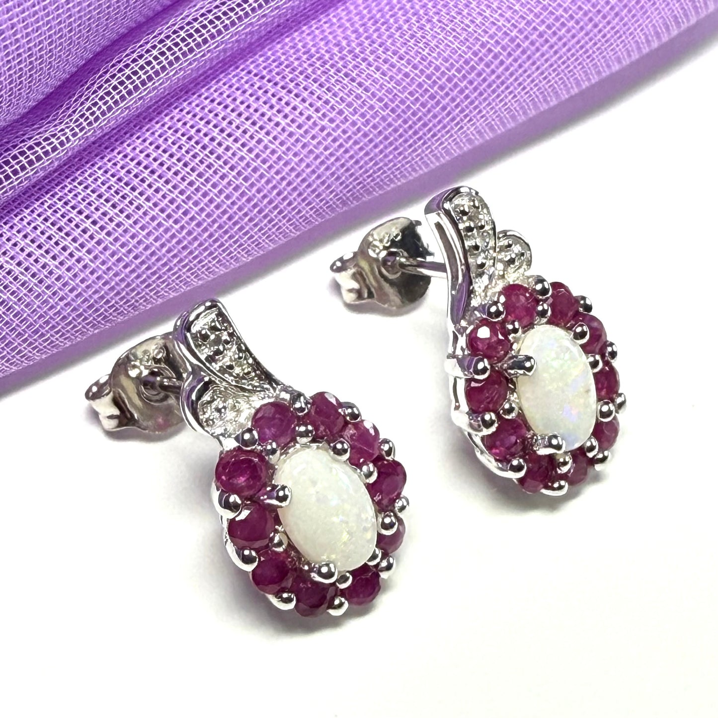 Opal and real ruby oval cluster stud dropped earrings sterling