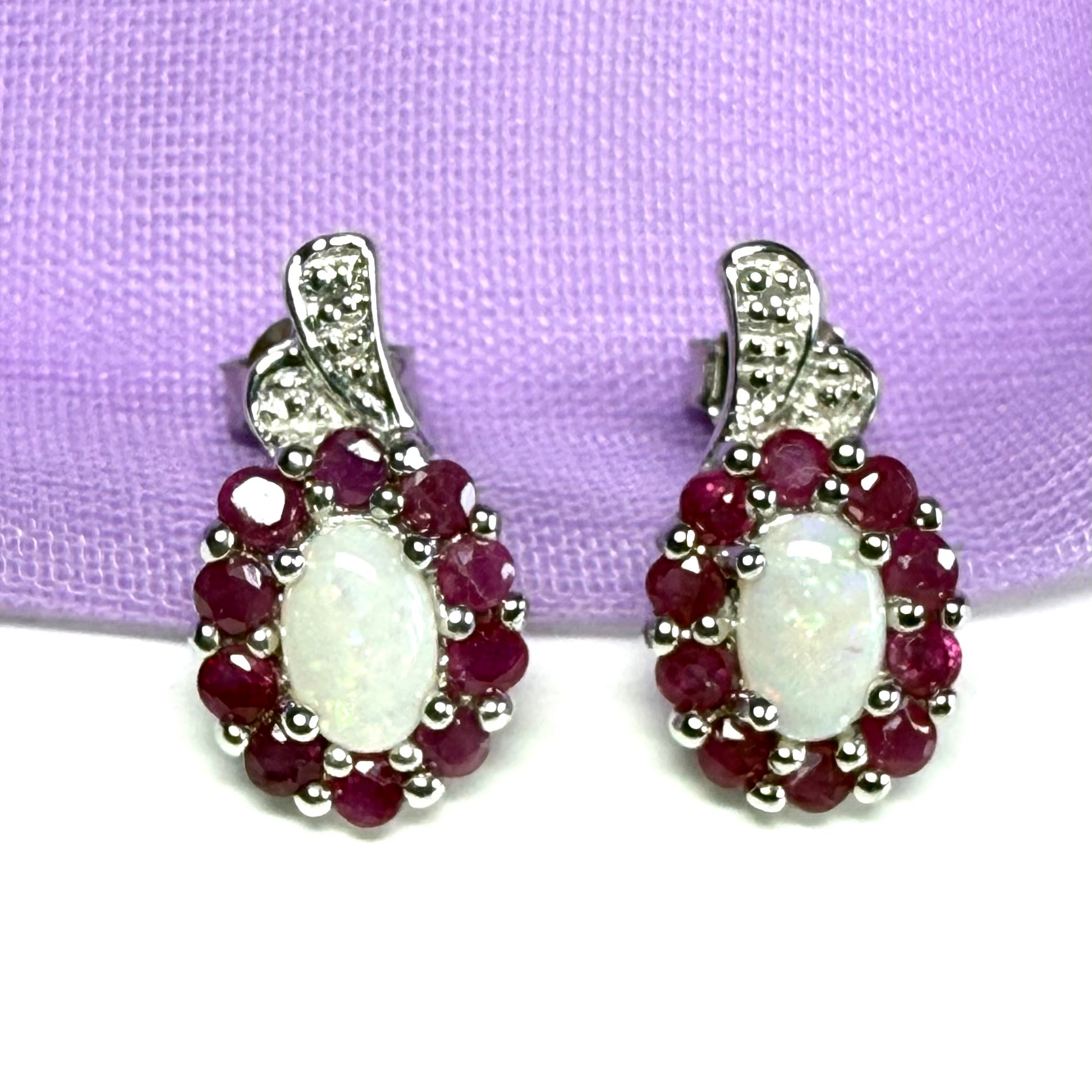 Opal and real ruby oval cluster stud dropped earrings sterling