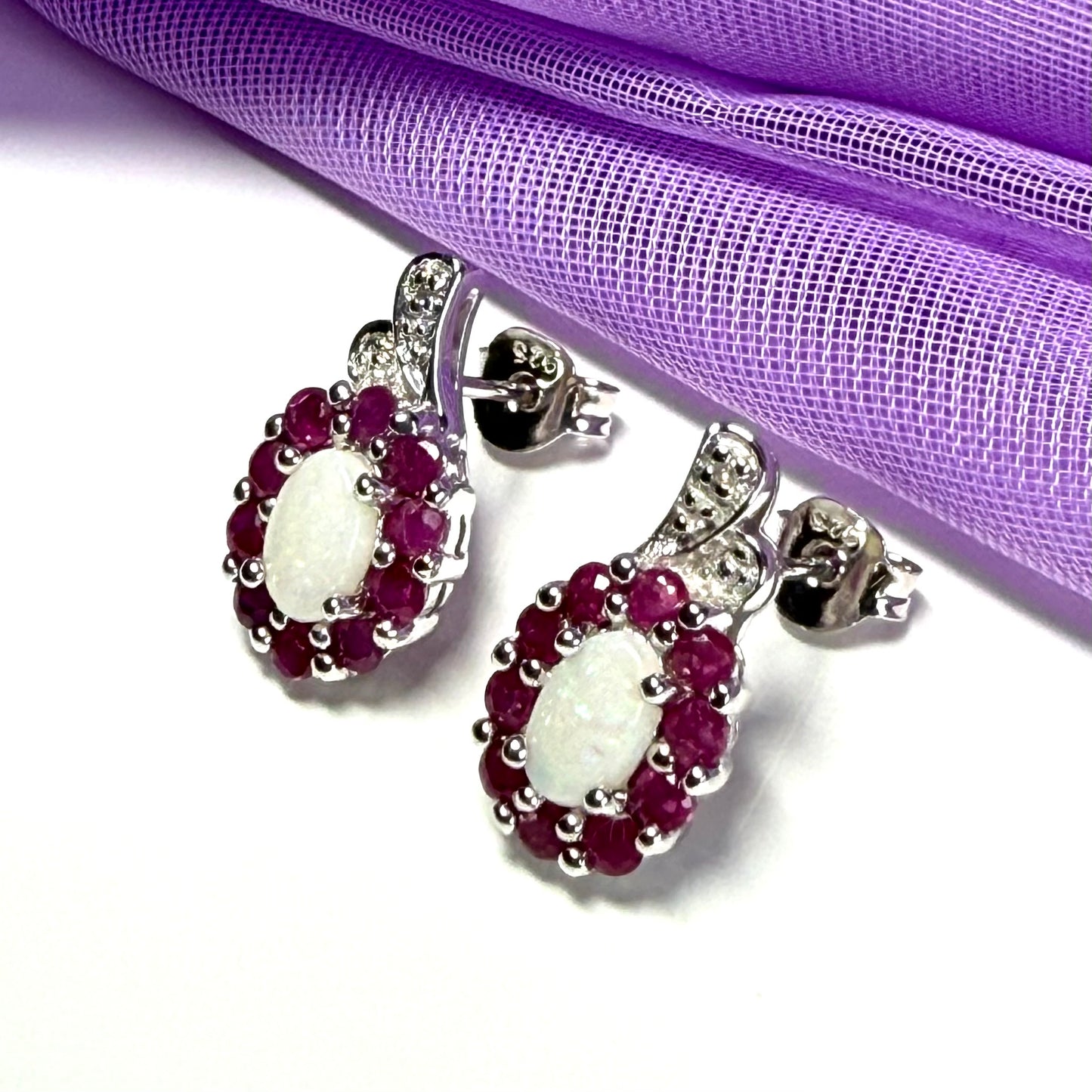 Opal and real ruby oval cluster stud dropped earrings sterling