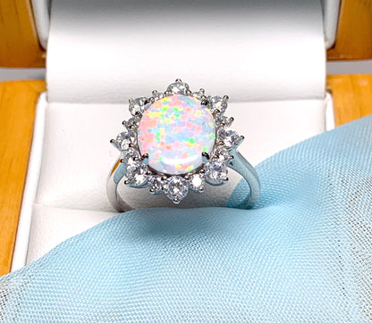 Opal cluster ring oval sterling silver and cubic zirconia