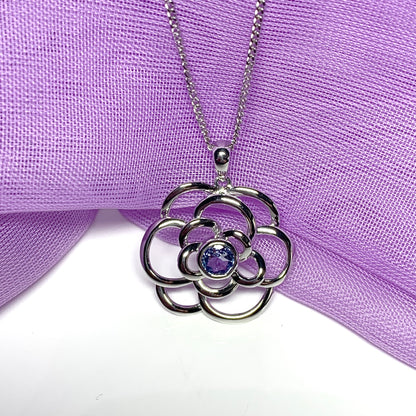 Real tanzanite round swirl necklace made in white gold