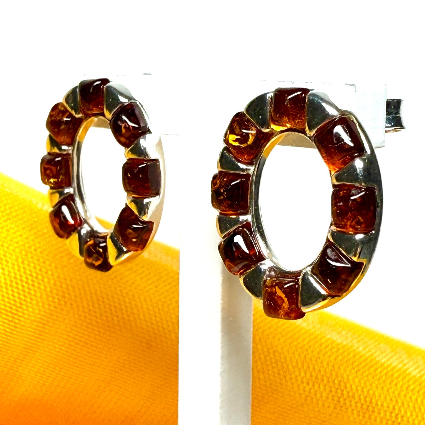 Open oval real amber earrings sterling silver stud dropped