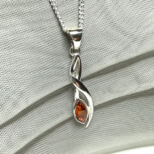 Orange amber marquise fancy sterling silver necklace