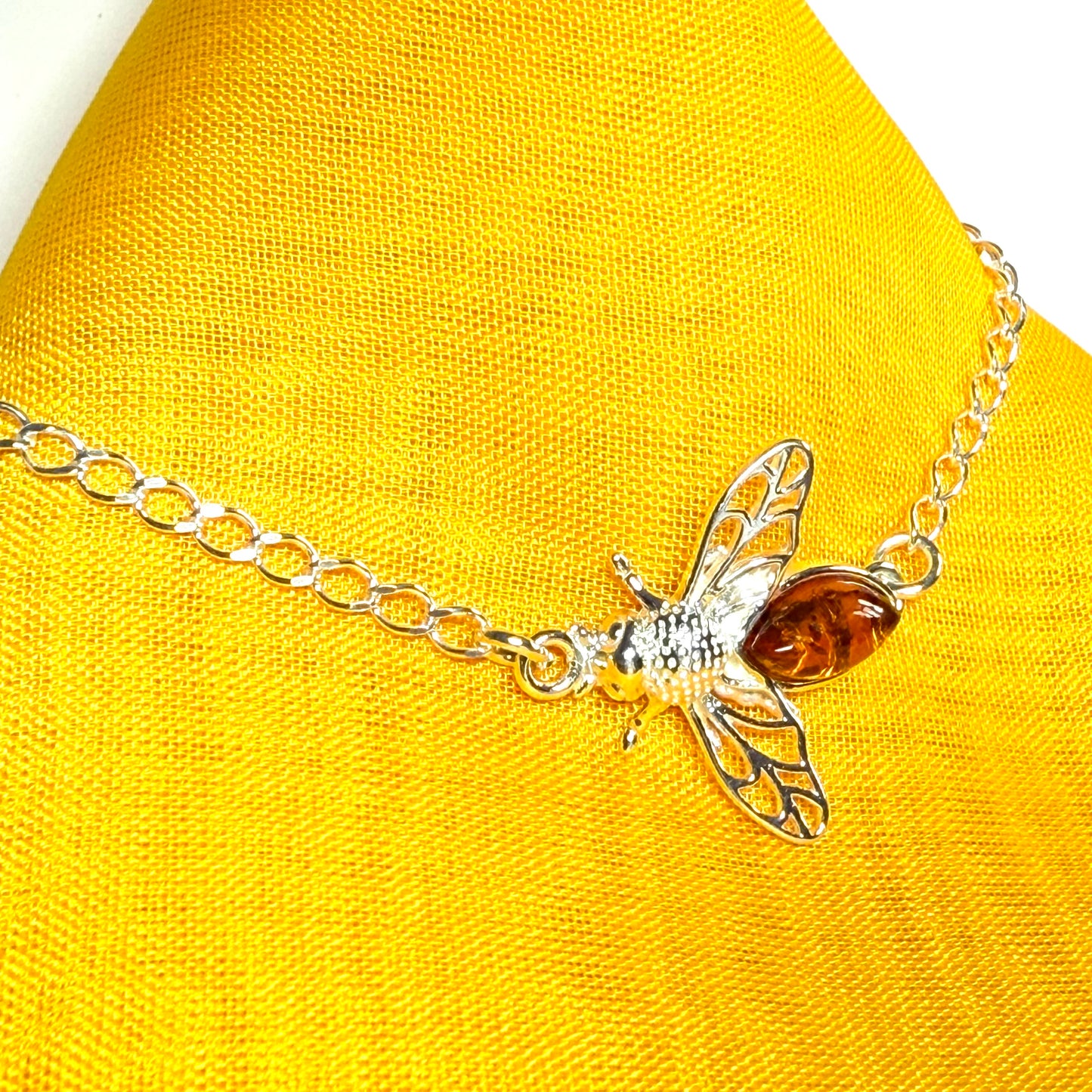 Sterling silver orange real amber bumble bee bracelet
