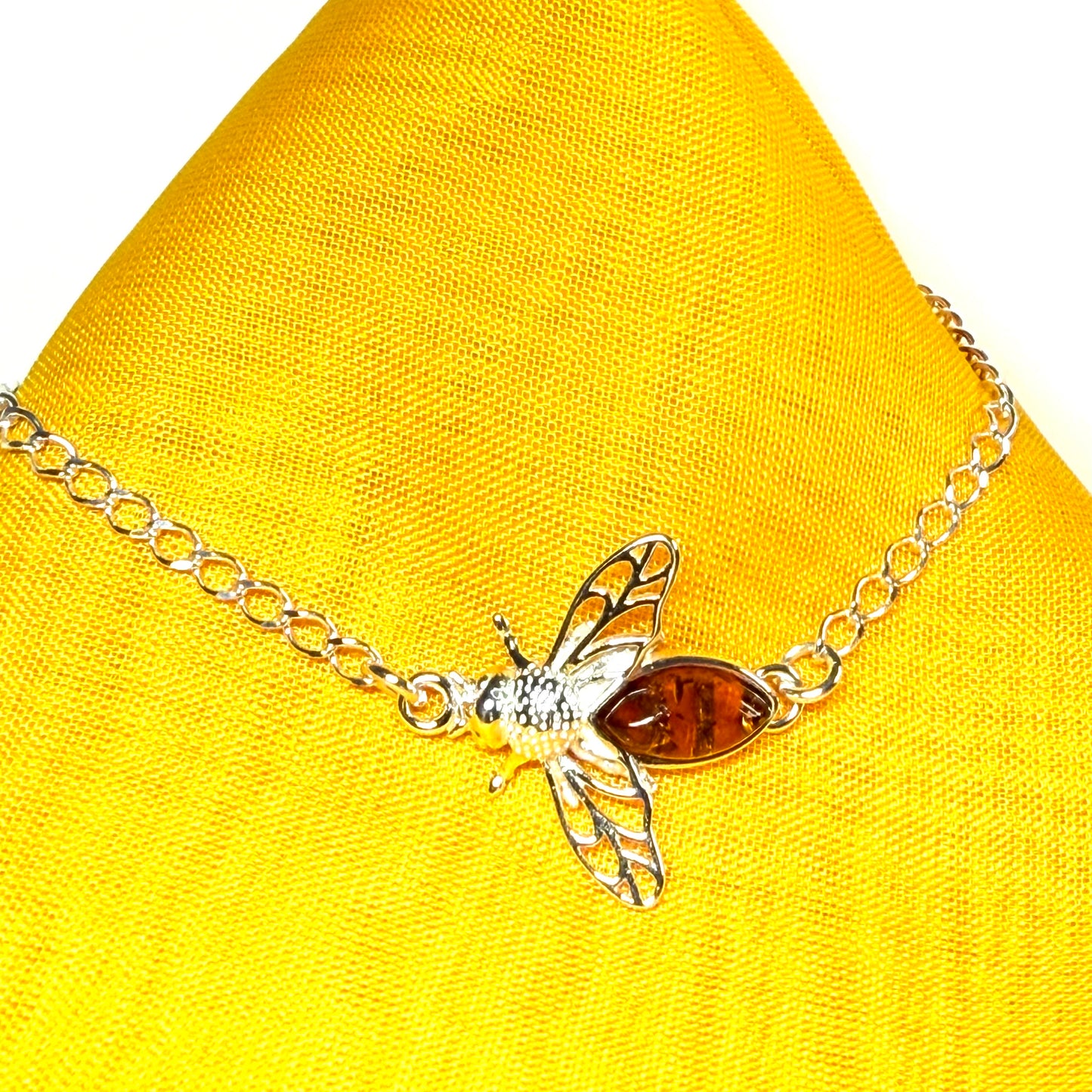 Orange real amber bumble bee bracelet sterling silver