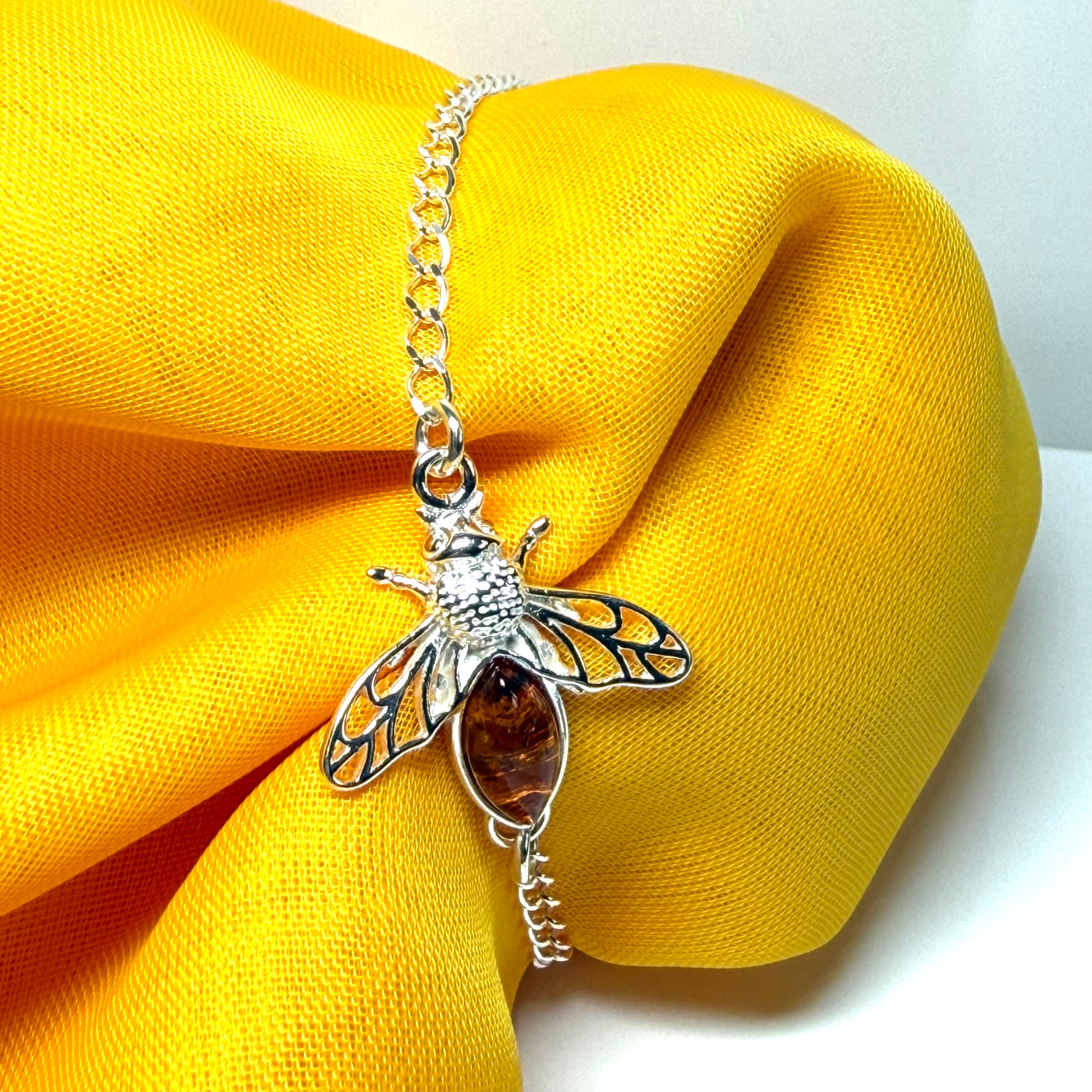 Orange real amber bumble bee bracelet sterling silver