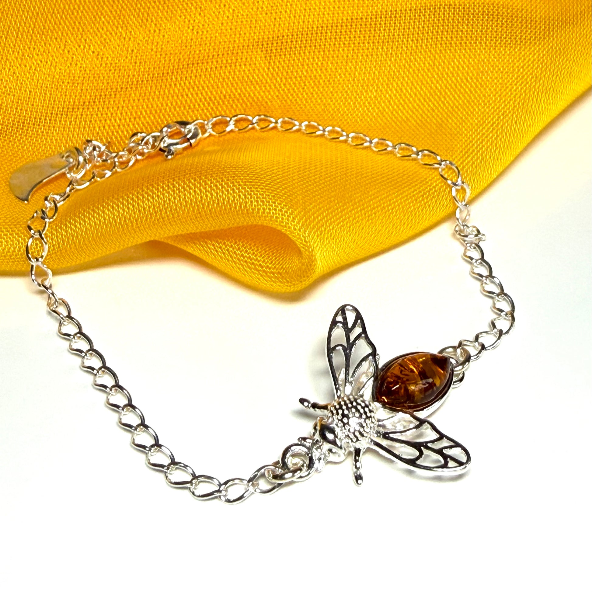 Orange real amber bumble bee bracelet sterling silver