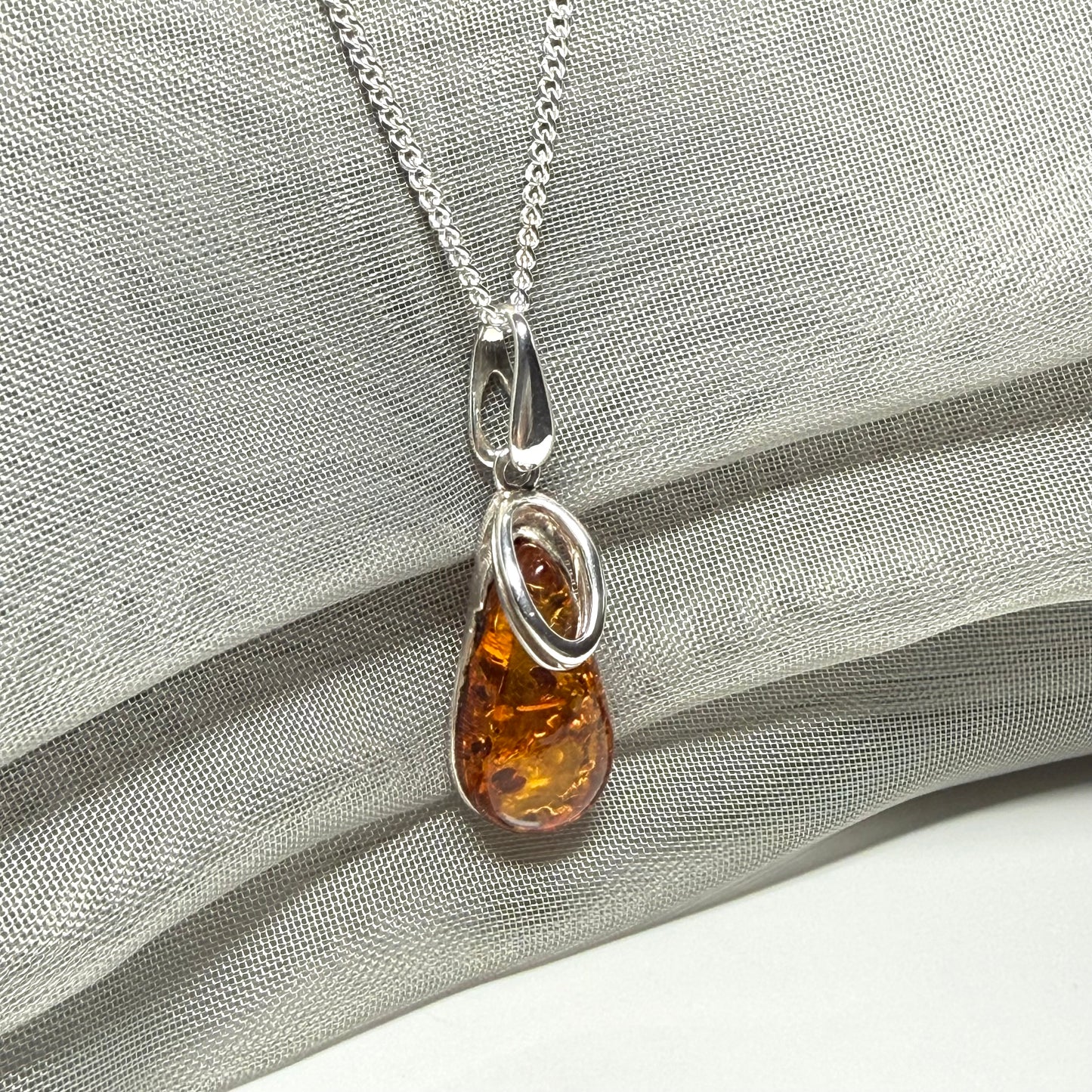 Orange real amber tear drop sterling silver necklace