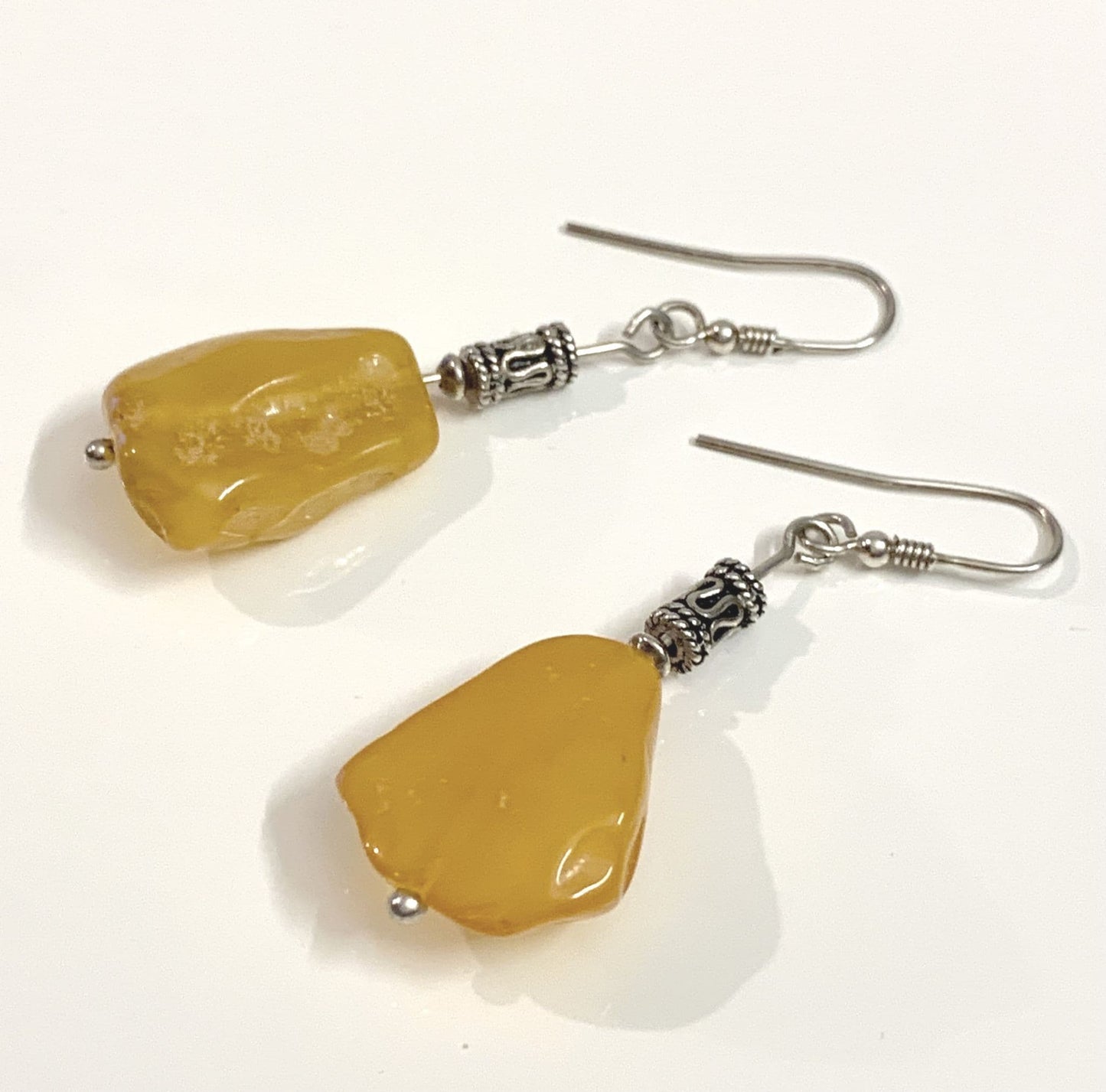 Orange amber abstract drop sterling silver earrings