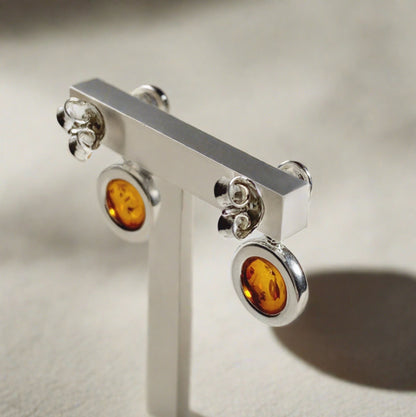 Orange amber round drop sterling silver earrings