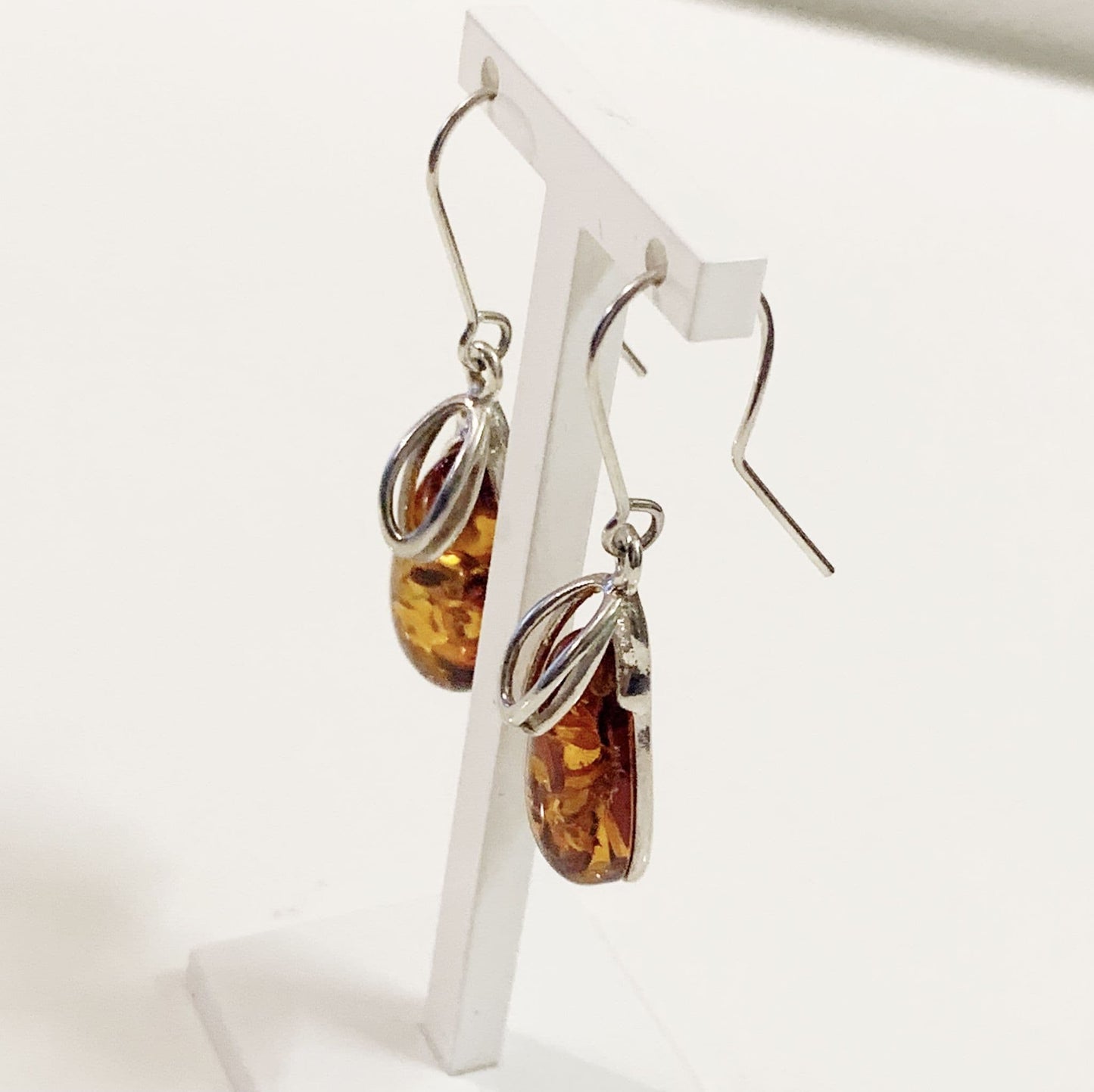 Orange amber tear drop sterling silver earrings