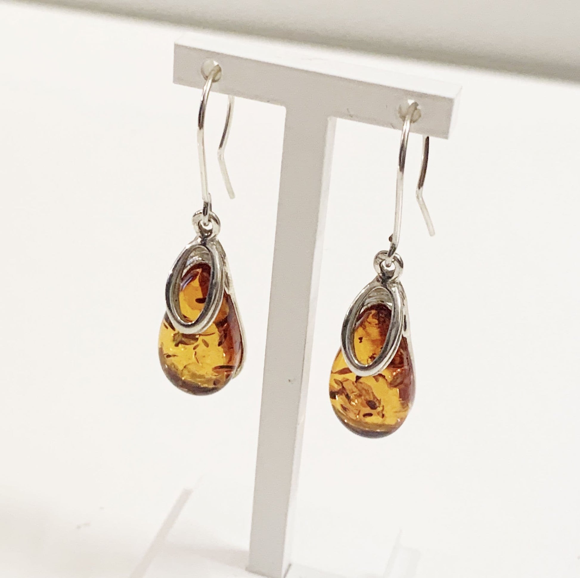 Orange amber tear drop sterling silver earrings