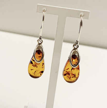 Orange amber tear drop sterling silver earrings