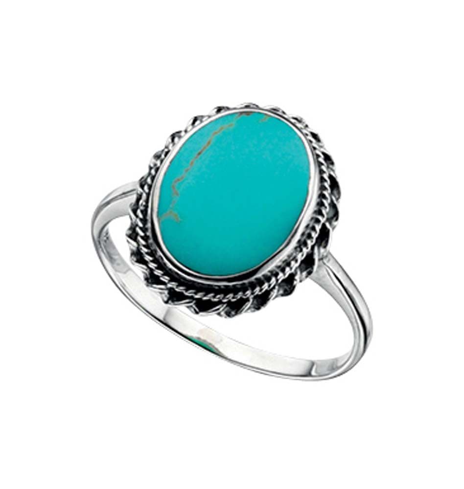 Oval Blue Turquoise Sterling Silver Ring With A Rope Edge Design