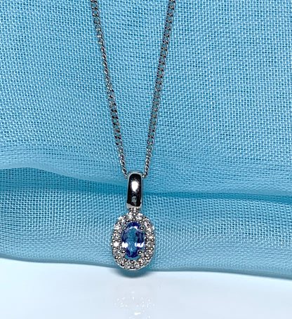 Oval cluster tanzanite and diamond white gold necklace