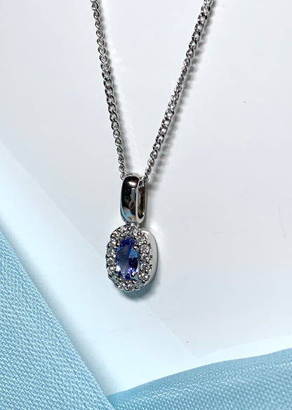 Oval cluster tanzanite and diamond white gold necklace