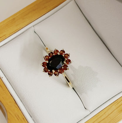 Oval Garnet Cluster Ring Yellow Gold