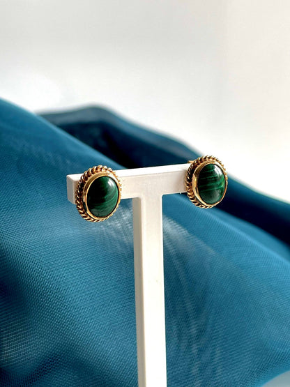 Oval Green Malachite Yellow Gold Earrings