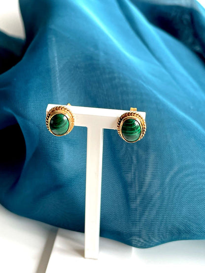 Oval Green Malachite Yellow Gold Earrings