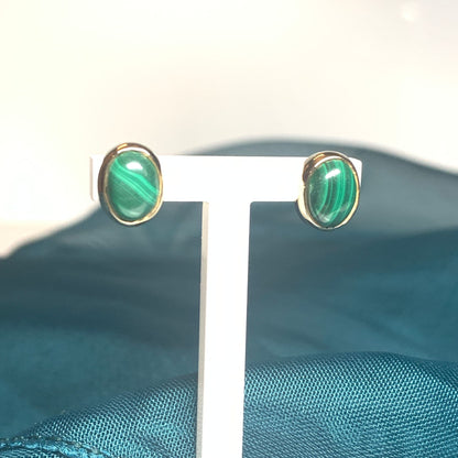 Oval Malachite Yellow Gold  Earrings