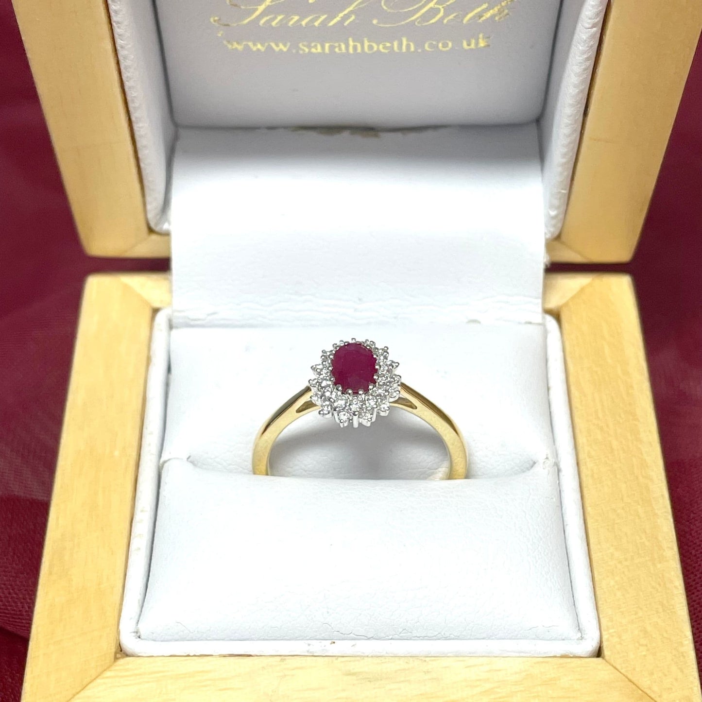 Oval Red Ruby And Diamond Yellow Gold Cluster Ring