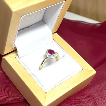 Oval Red Ruby And Diamond Yellow Gold Cluster Ring