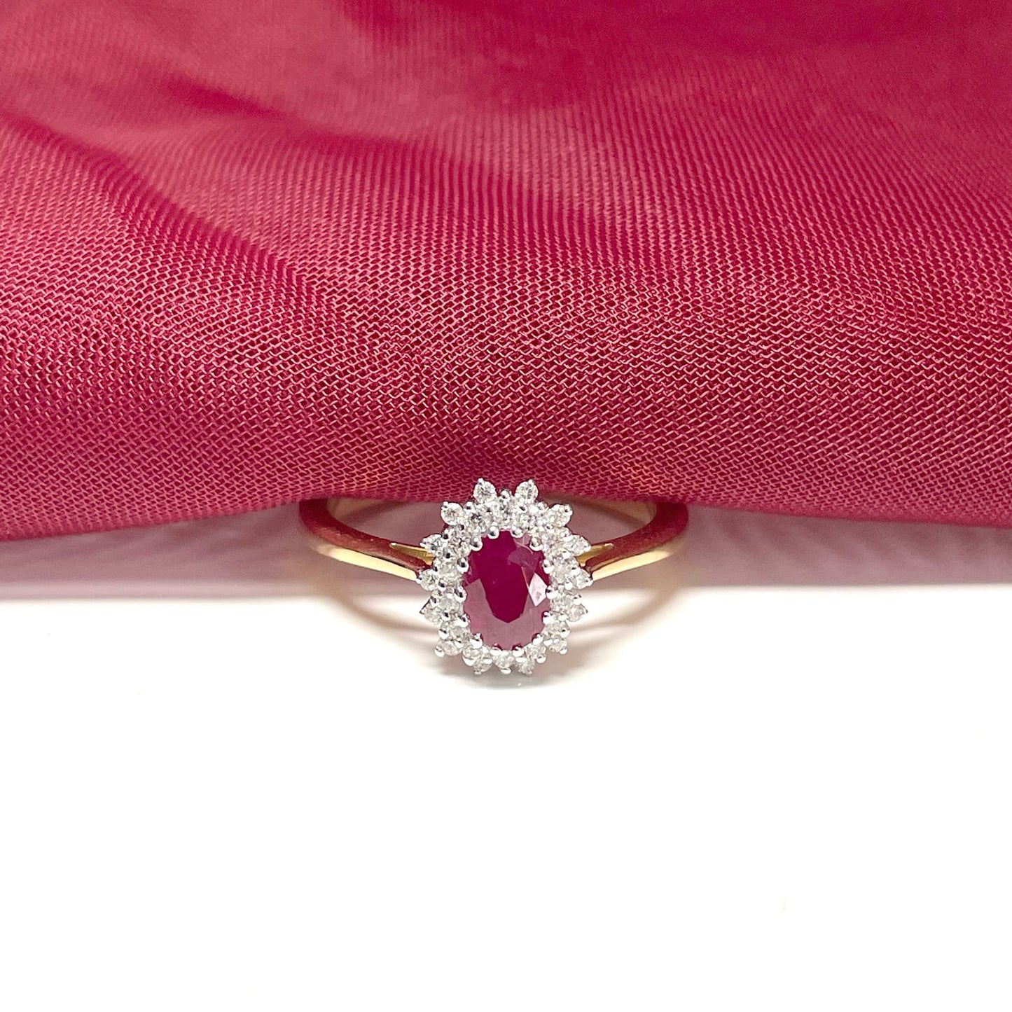 Oval Red Ruby And Diamond Yellow Gold Cluster Ring