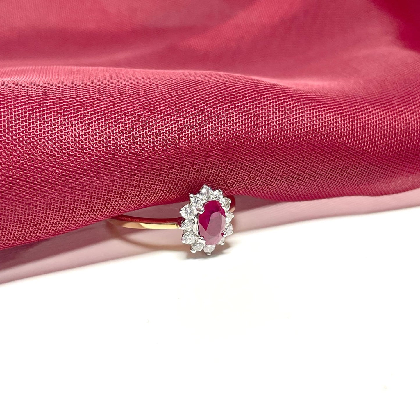 Oval Red Ruby and Diamond Yellow Gold Cluster Ring