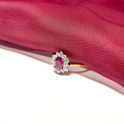 Oval Red Ruby and Diamond Yellow Gold Cluster Ring