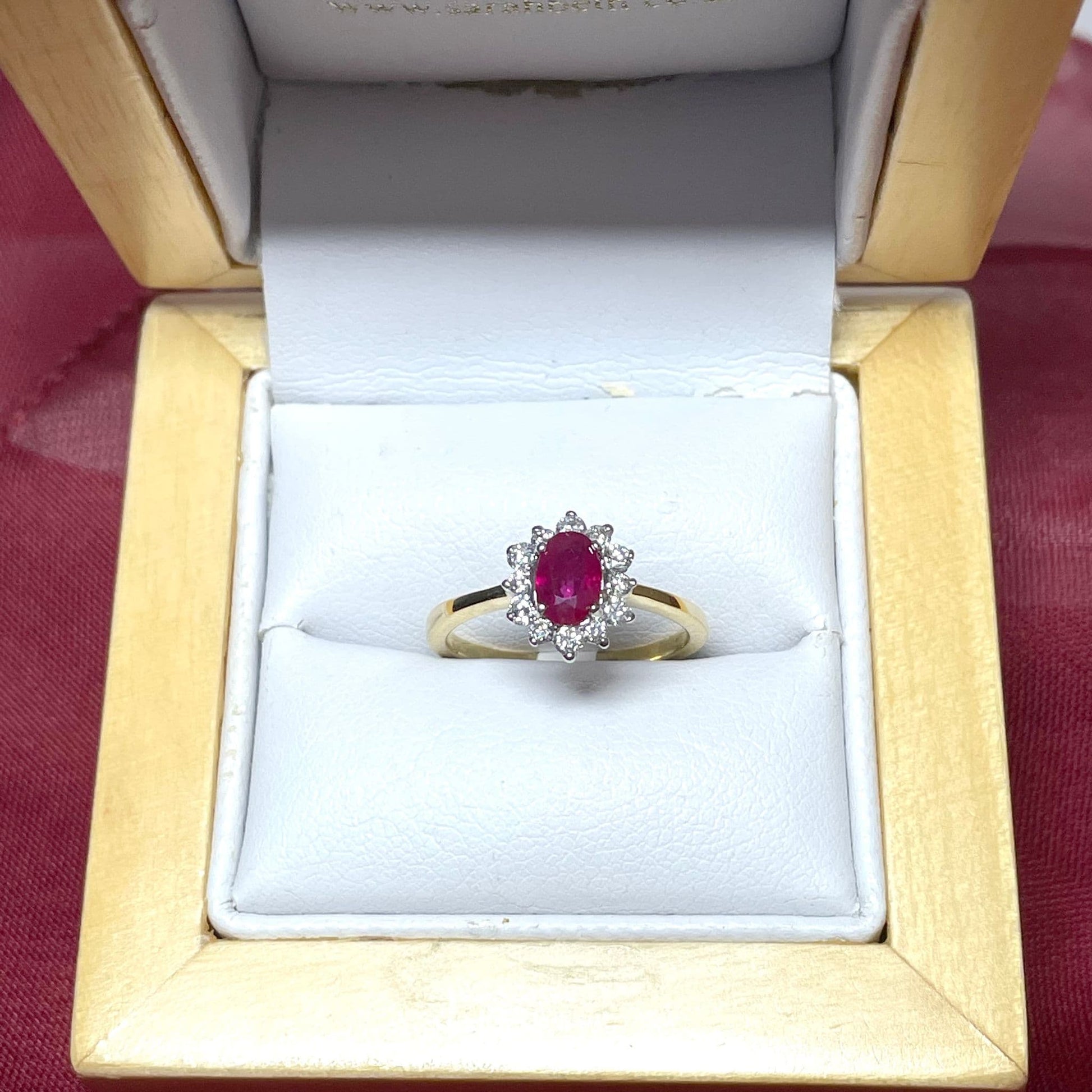 Oval Red Ruby and Diamond Yellow Gold Cluster Ring