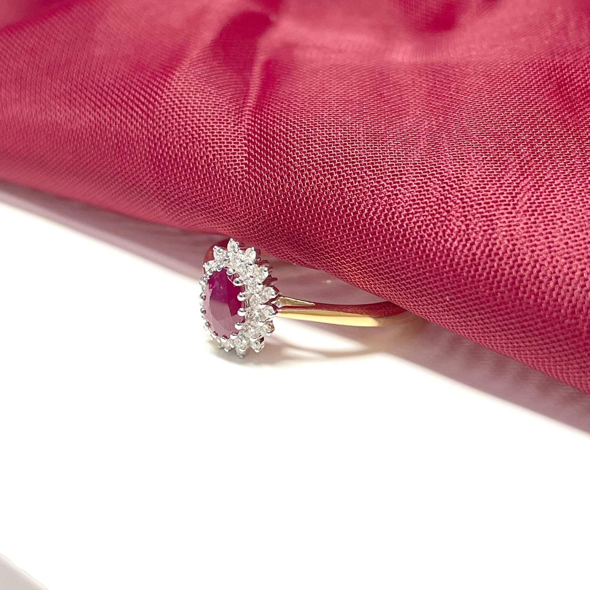 Oval Red Ruby And Diamond Yellow Gold Cluster Ring