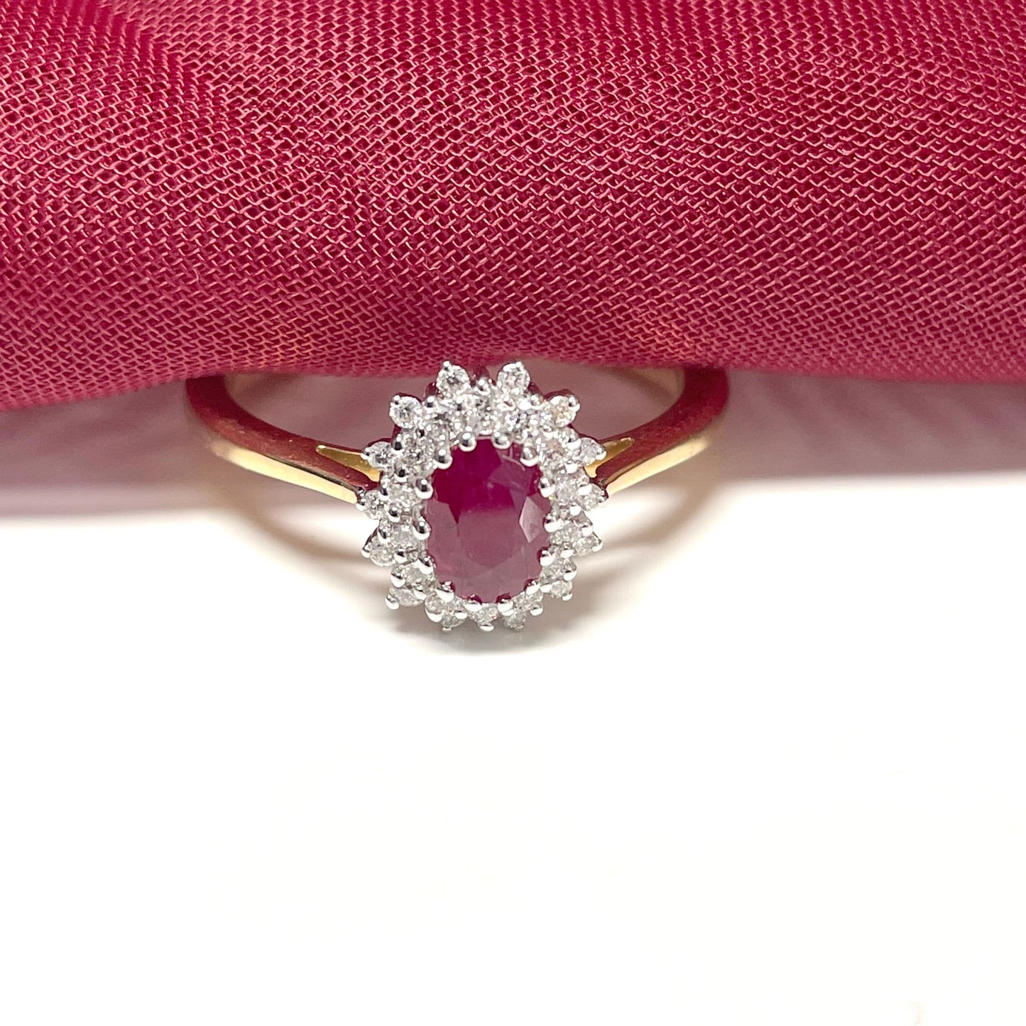 Oval Red Ruby And Diamond Yellow Gold Cluster Ring