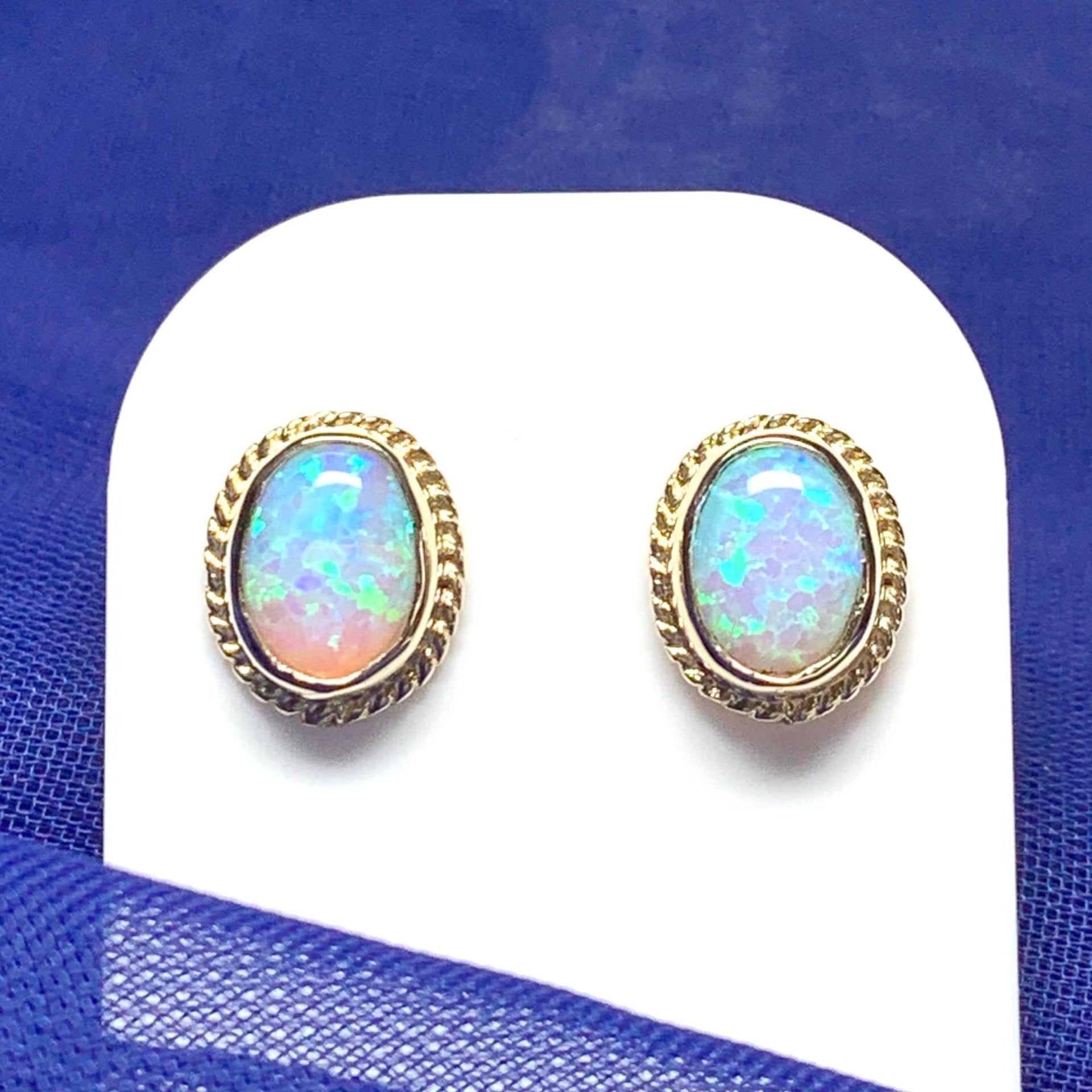 Oval Rope Edged Yellow Gold Opal Stud Earrings