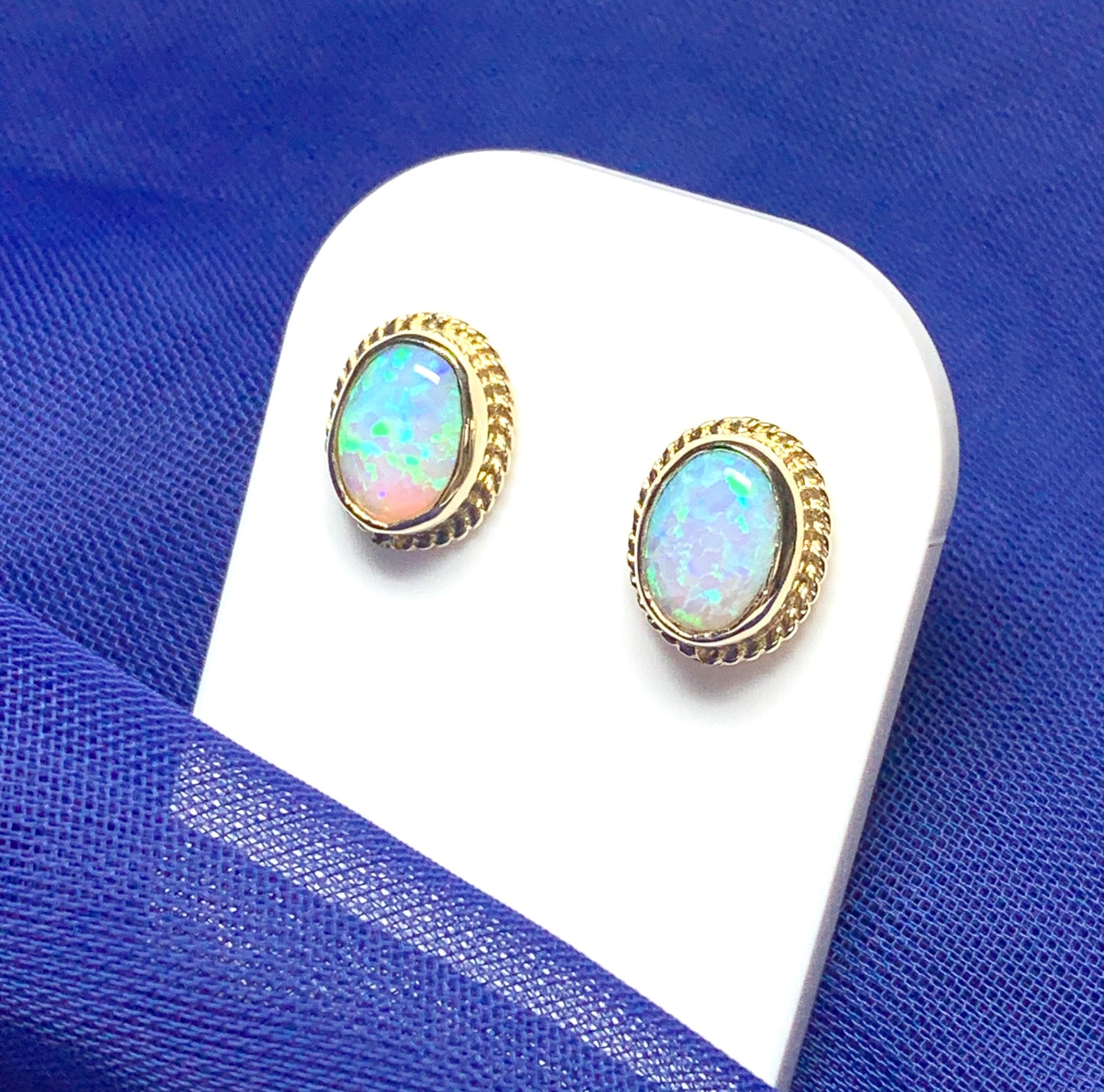 Oval Rope Edged Yellow Gold Opal Stud Earrings