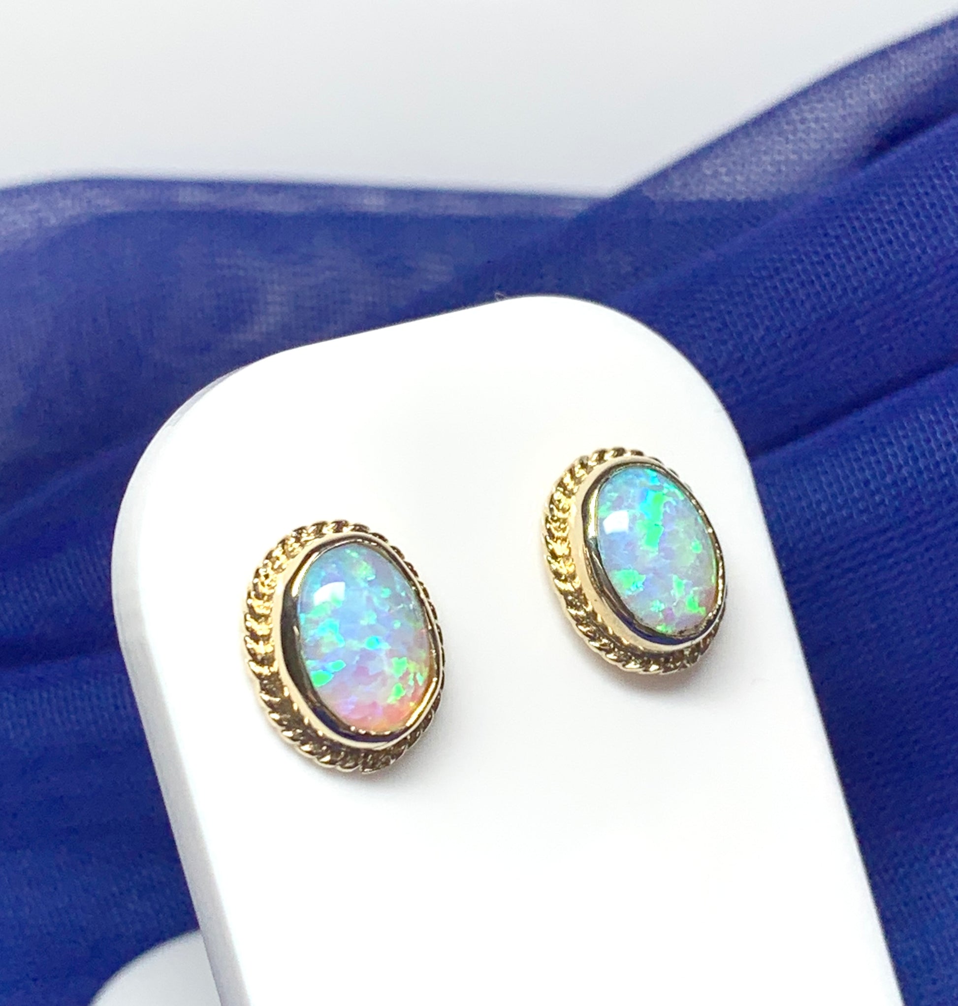 Oval Rope Edged Yellow Gold Opal Stud Earrings