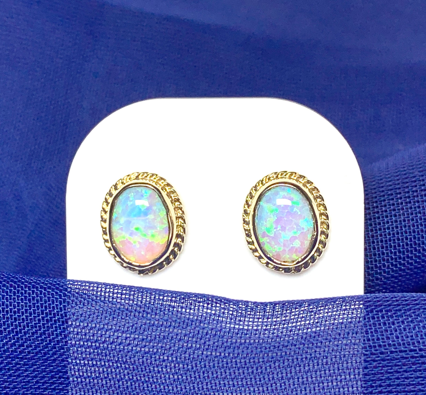 Oval Rope Edged Yellow Gold Opal Stud Earrings