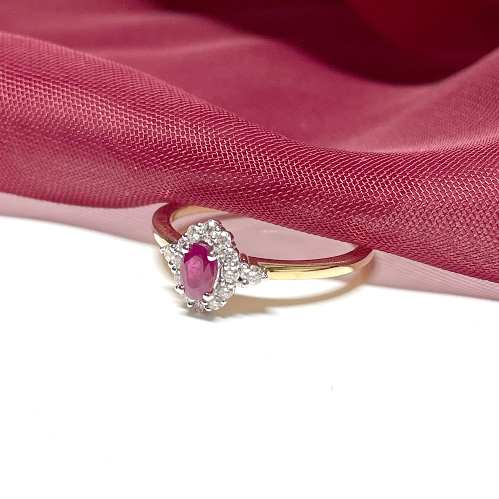 Oval Ruby Red and Diamond Yellow Gold Cluster Ring